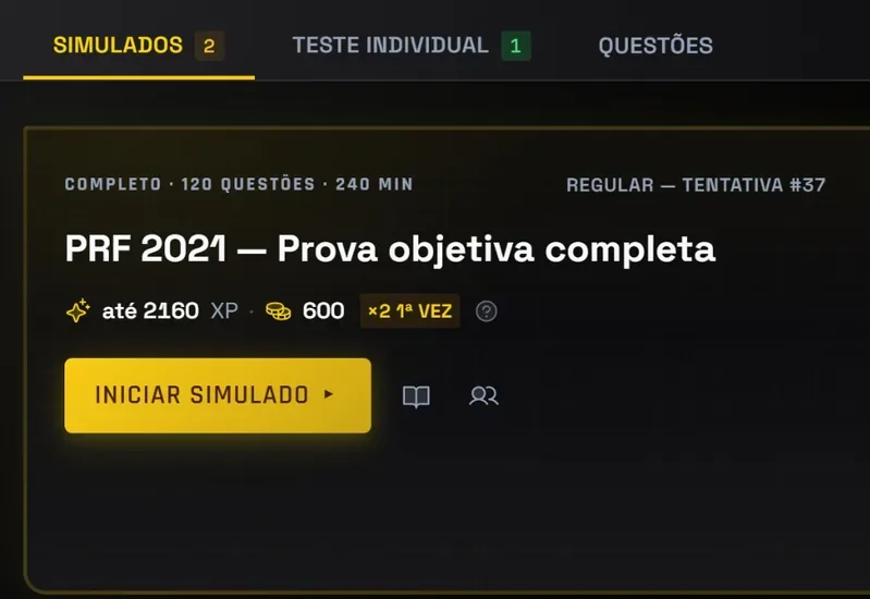 Tela de simulados do Sistema 4P com a prova objetiva completa PRF 2021